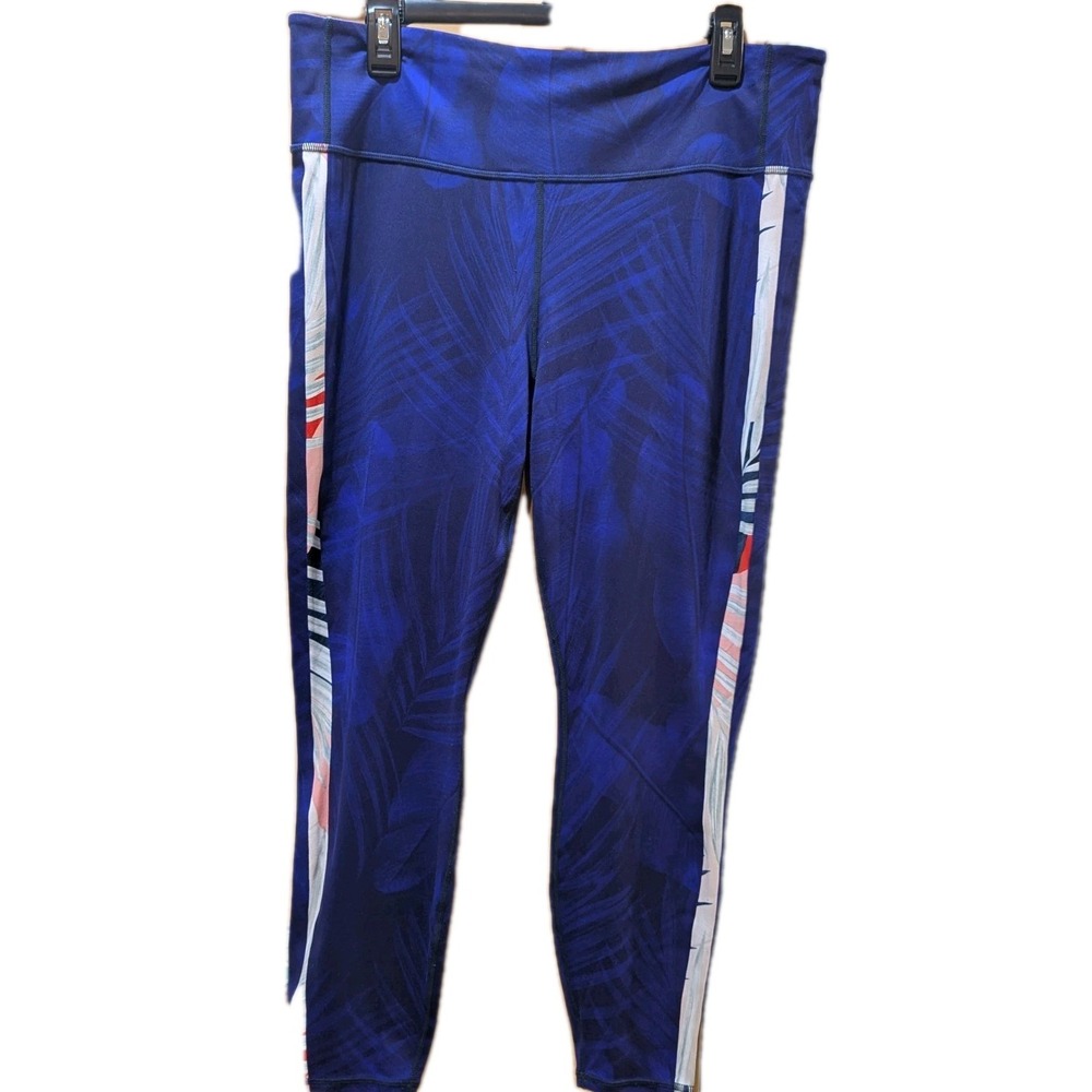 Athleta Chaturanga 7/8 Length‎ Leggings Black Blue Feathers W/ Design On Side XL